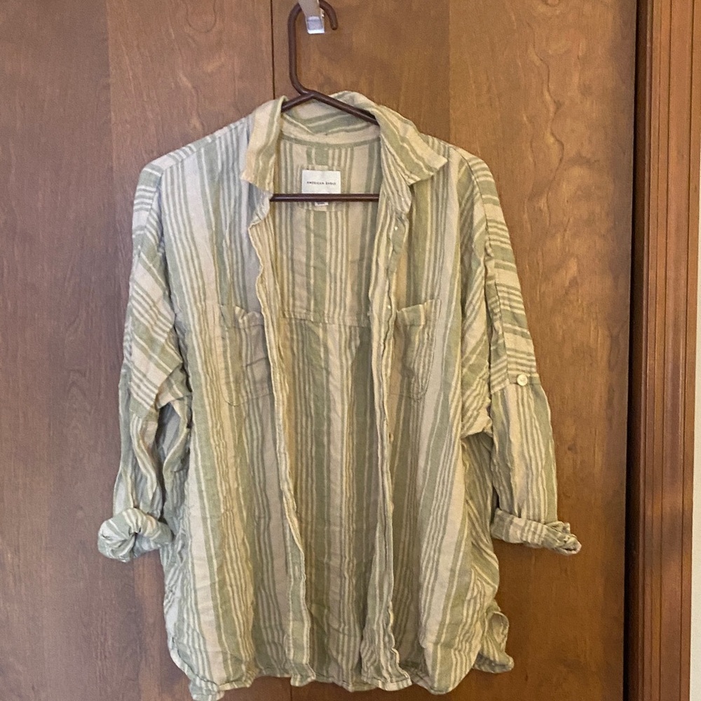 American Eagle Outfitters Casual Striped Shirt - Green and Cream